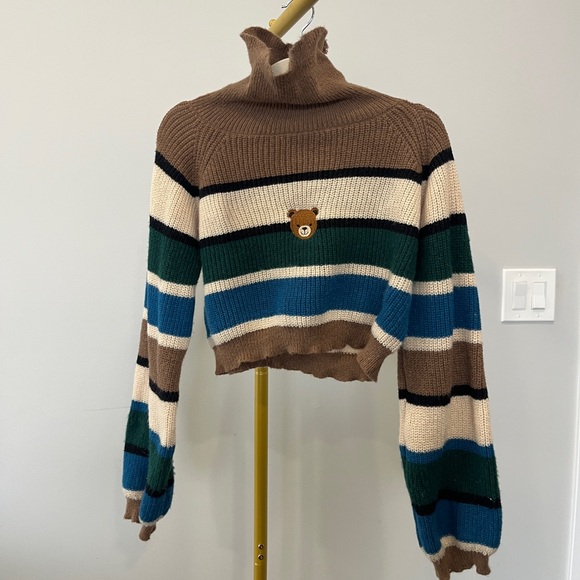 Sweaters - Striped Brown and Blue Sweater with Bear Patch